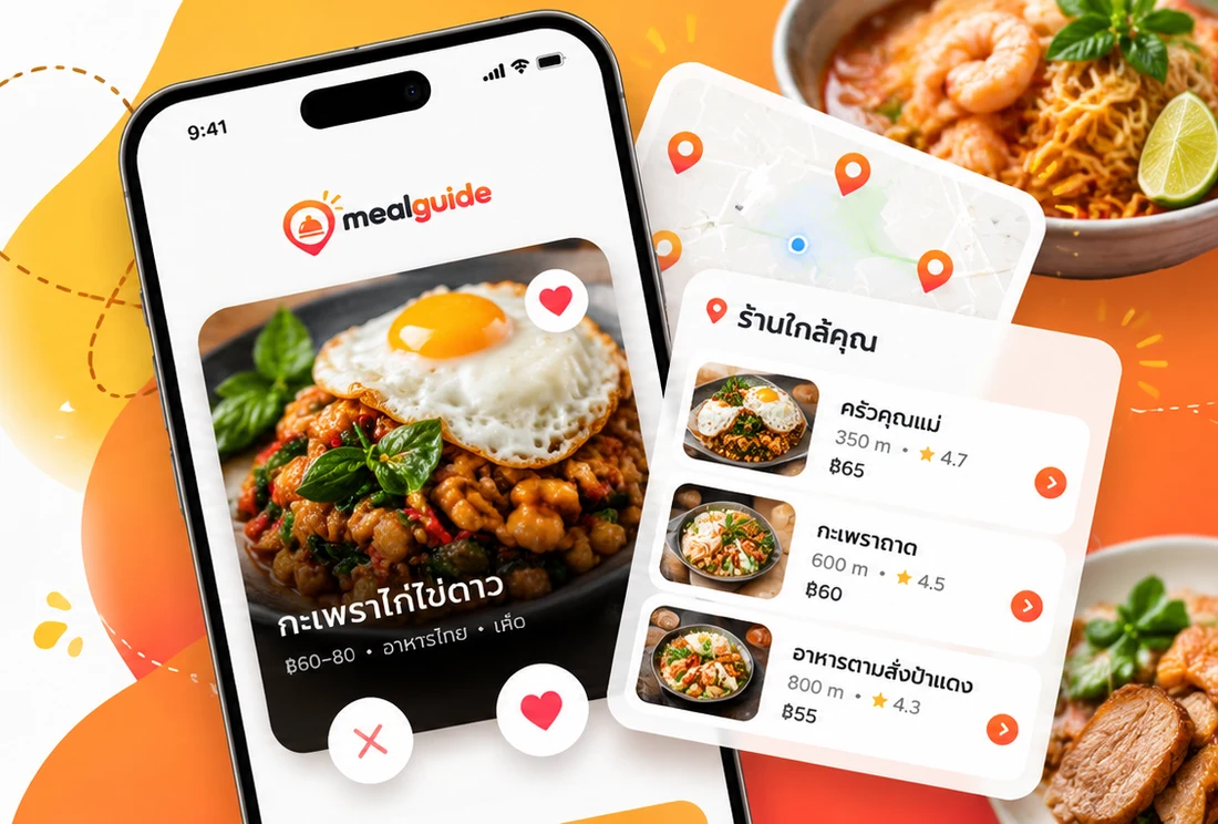 หน้าจอ mealguide: การ์ดเมนูกะเพราไก่ไข่ดาวให้ปัดเลือก และรายการร้านใกล้คุณพร้อมระยะทาง คะแนน และราคา